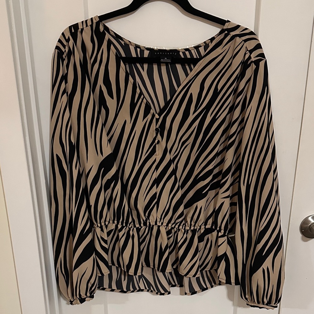 Sanctuary Black and Beige Zebra Print Long Sleeve Blouse